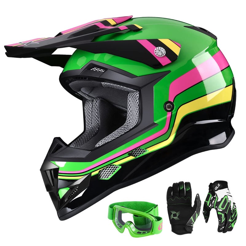 GLX GX623 Youth ATV/Dirt Bike Helmet Combo - Retro Green, X-Large - DOT - Image 1